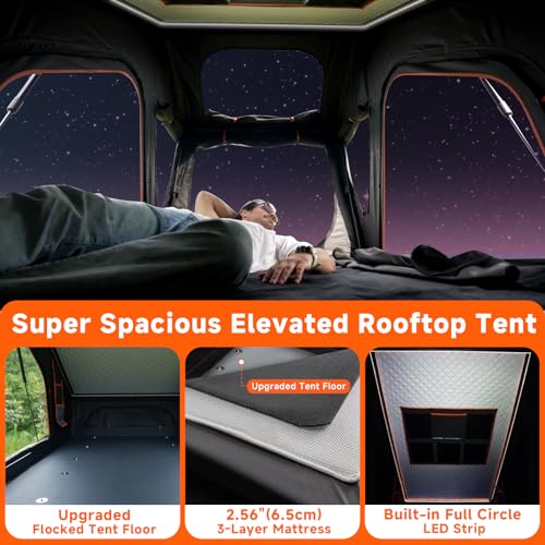 Innovator Pro Elevated Rooftop Tent Hard Shell with Skyview Window, Regular&TPU Rain Flies, USB Outlet, Luggage Racks&Full Circle LED Strip, Aluminum Pop Up Roof Top Tent for Truck Jeep SUV