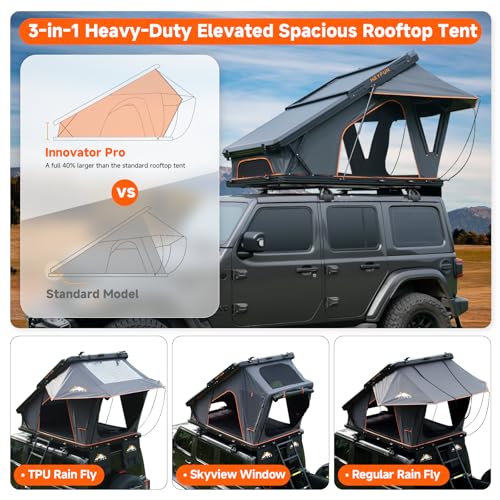 Innovator Pro Elevated Rooftop Tent Hard Shell with Skyview Window, Regular&TPU Rain Flies, USB Outlet, Luggage Racks&Full Circle LED Strip, Aluminum Pop Up Roof Top Tent for Truck Jeep SUV