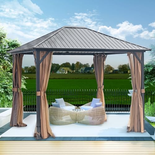 10 × 12 FT Hardtop Metal Gazebo – Heavy-Duty Pergola with Netting & Galvanized Steel Roof for Patio & Backyard