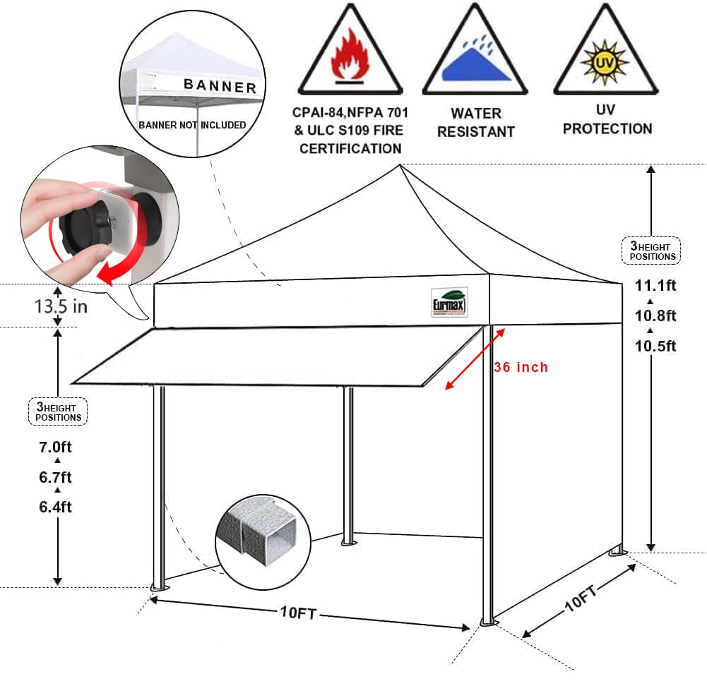 Eurmax USA 10x10 Pop Up Canopy,Commercial Tent with Patented No-Tip Rolling Bag,24sqft Extension Awning & 4 Zippered Removable Walls,UV & Water Resistant,Heavy Duty Instant Shelter Gazebo