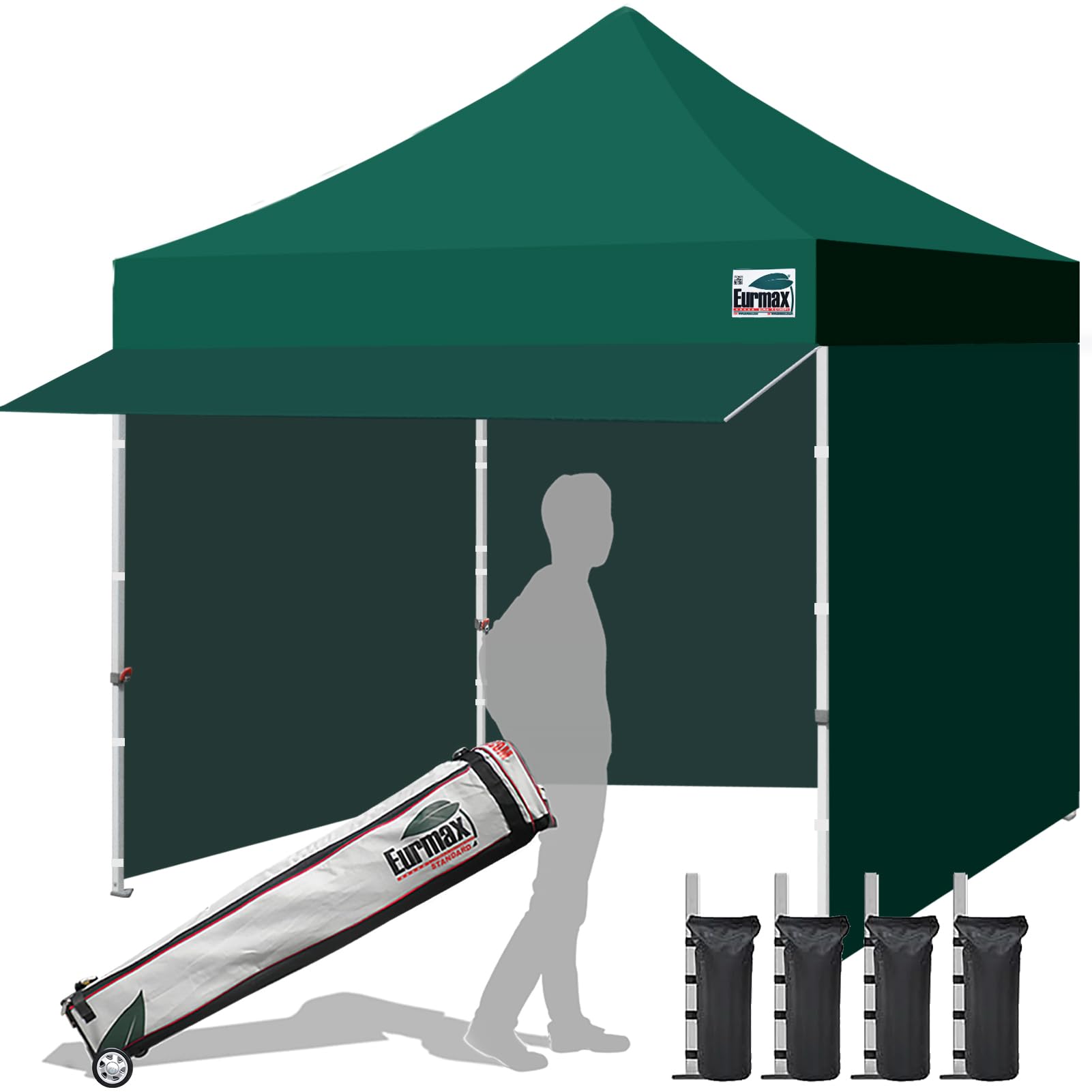 Eurmax USA 10x10 Pop Up Canopy,Commercial Tent with Patented No-Tip Rolling Bag,24sqft Extension Awning & 4 Zippered Removable Walls,UV & Water Resistant,Heavy Duty Instant Shelter Gazebo