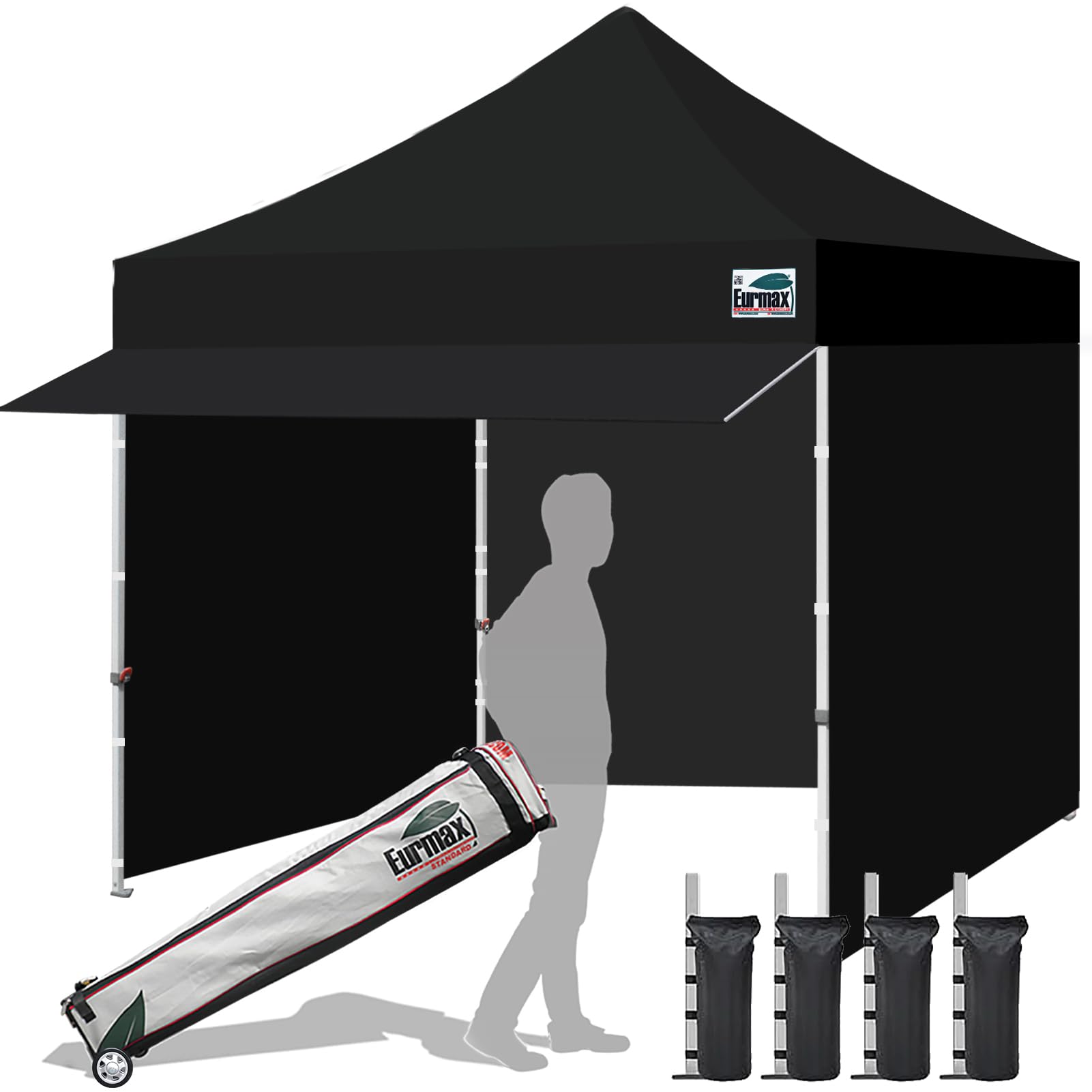 Eurmax USA 10x10 Pop Up Canopy,Commercial Tent with Patented No-Tip Rolling Bag,24sqft Extension Awning & 4 Zippered Removable Walls,UV & Water Resistant,Heavy Duty Instant Shelter Gazebo