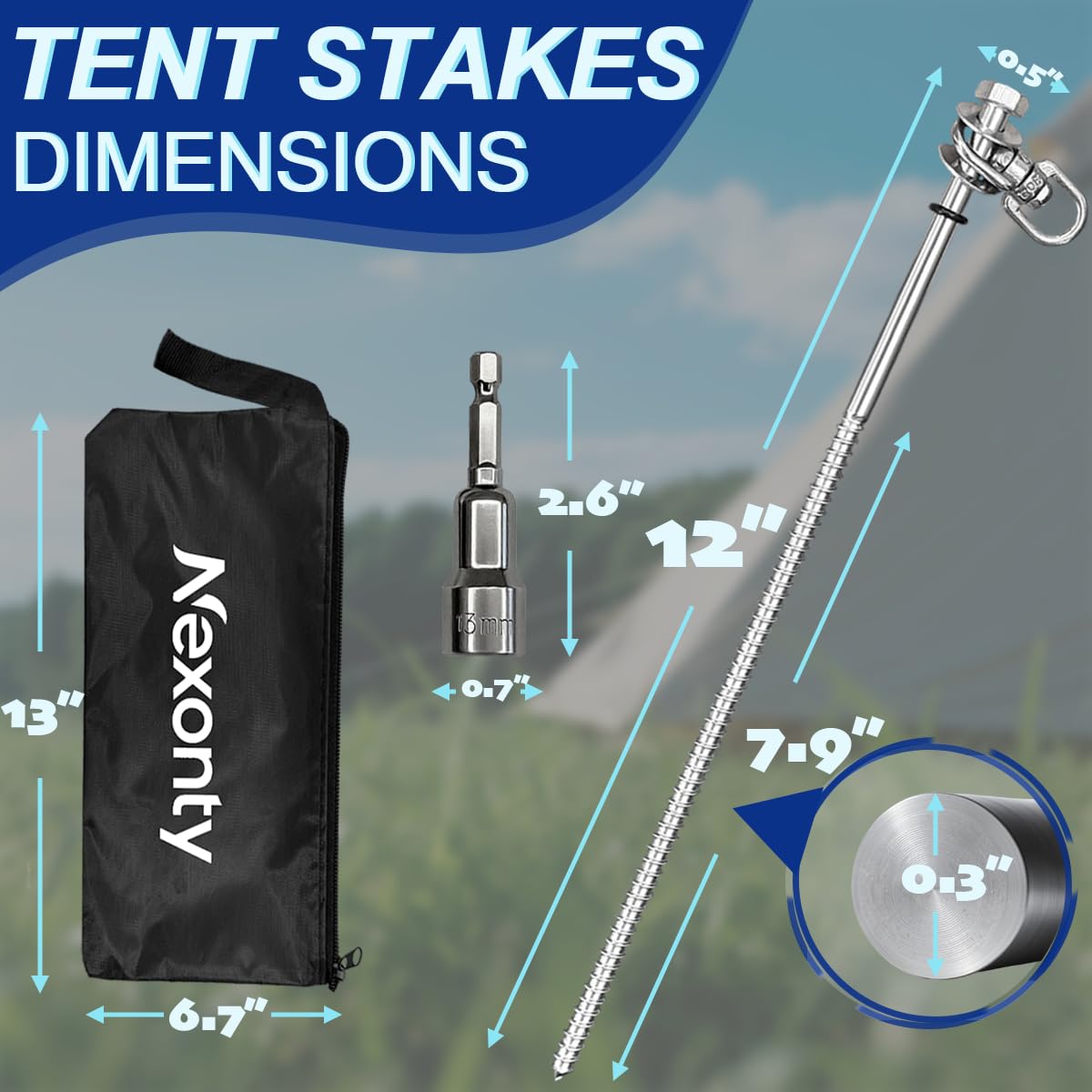 12-Inch Steel Screw-In Tent Stakes – Heavy-Duty Ground Anchor Kit with Driver & Storage Bag (8 Pack)