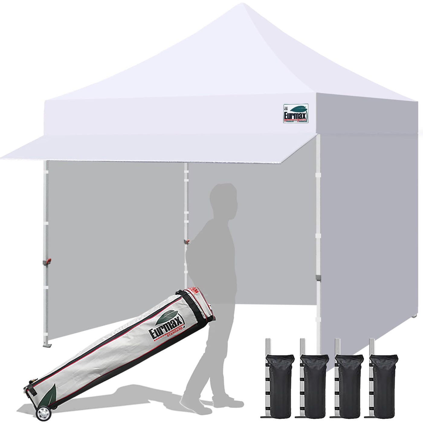 Eurmax USA 10x10 Pop Up Canopy,Commercial Tent with Patented No-Tip Rolling Bag,24sqft Extension Awning & 4 Zippered Removable Walls,UV & Water Resistant,Heavy Duty Instant Shelter Gazebo