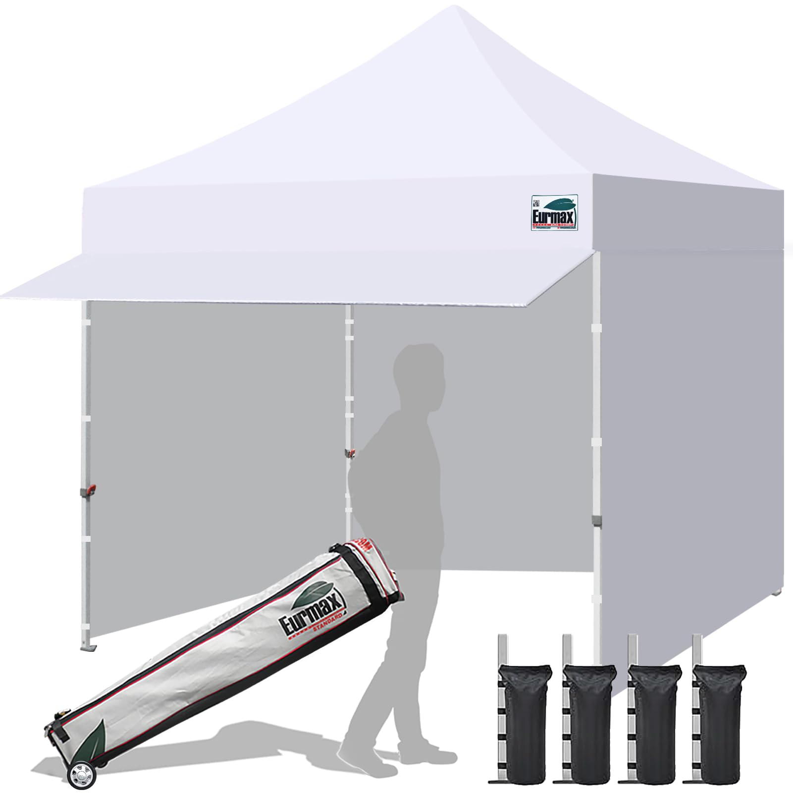 Eurmax USA 10x10 Pop Up Canopy,Commercial Tent with Patented No-Tip Rolling Bag,24sqft Extension Awning & 4 Zippered Removable Walls,UV & Water Resistant,Heavy Duty Instant Shelter Gazebo