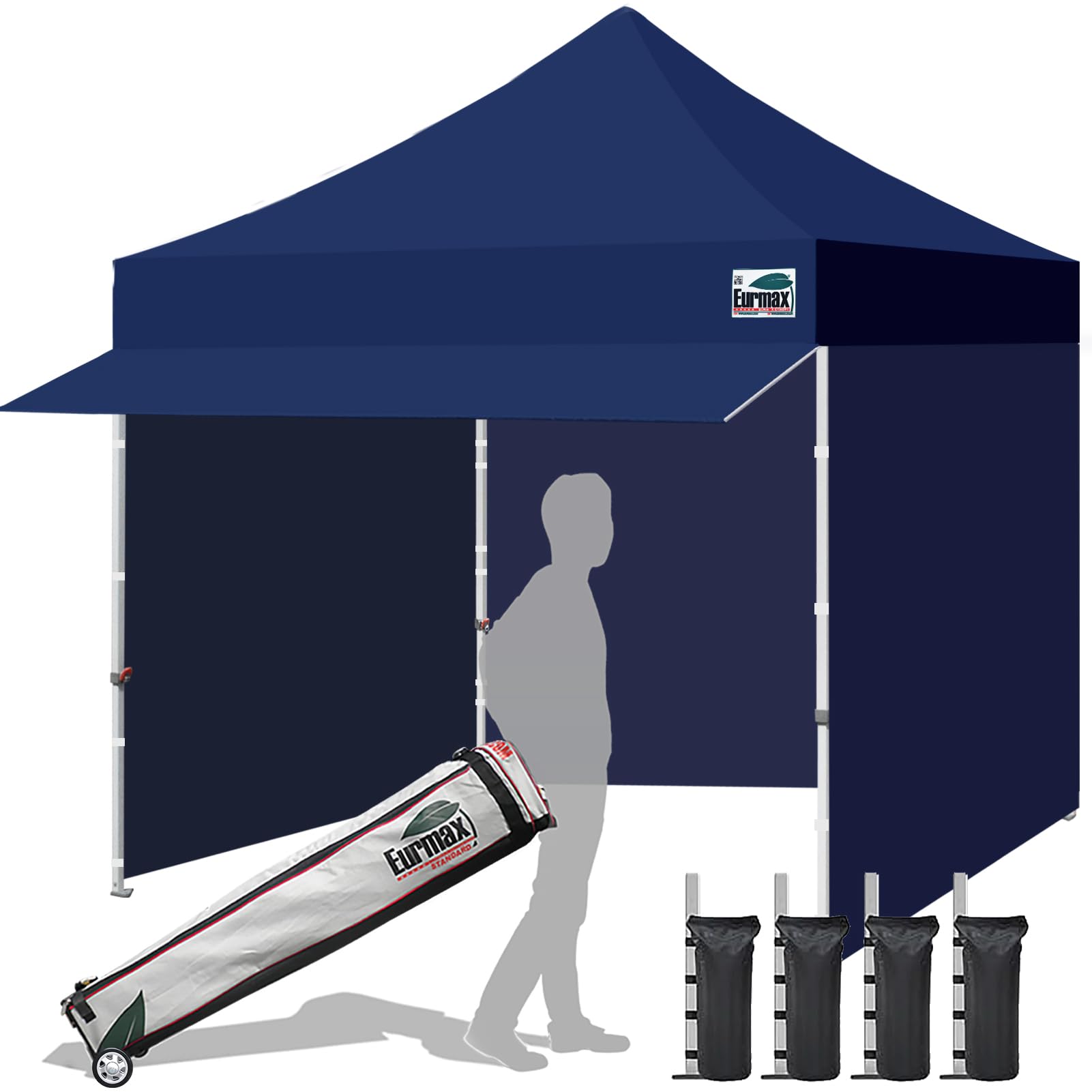 Eurmax USA 10x10 Pop Up Canopy,Commercial Tent with Patented No-Tip Rolling Bag,24sqft Extension Awning & 4 Zippered Removable Walls,UV & Water Resistant,Heavy Duty Instant Shelter Gazebo