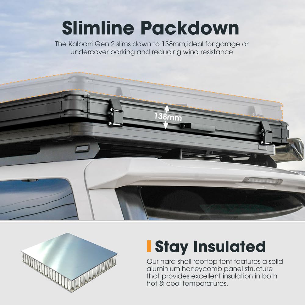 Hard Shell Aluminum Rooftop Tent – Slimline Overland Roof Tent with LED Light & Mattress for 2–3 People