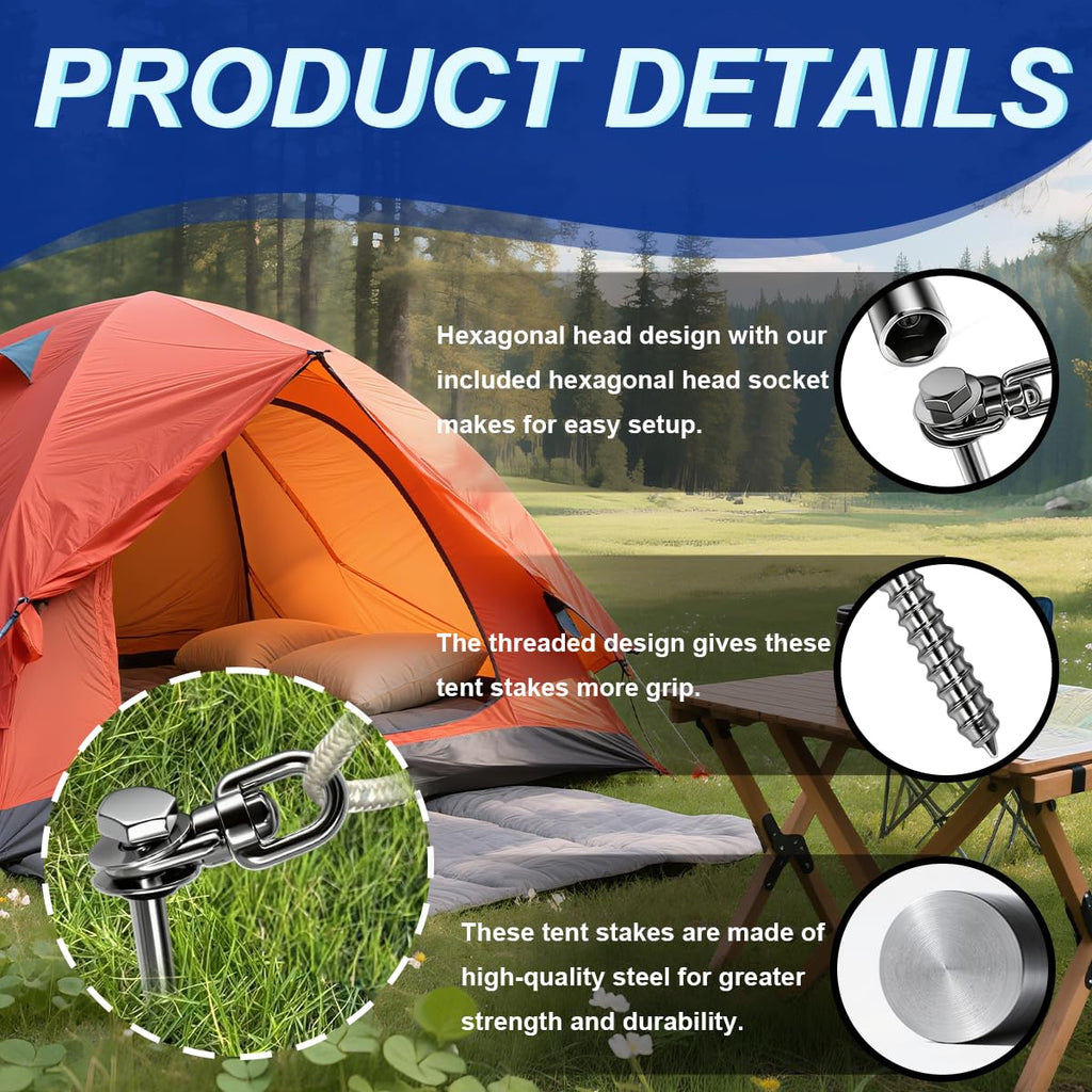 12-Inch Steel Screw-In Tent Stakes – Heavy-Duty Ground Anchor Kit with Driver & Storage Bag (8 Pack)