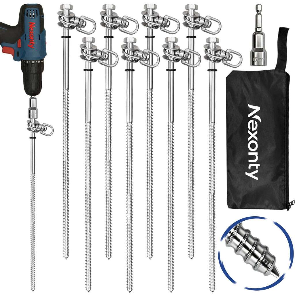 12-Inch Steel Screw-In Tent Stakes – Heavy-Duty Ground Anchor Kit with Driver & Storage Bag (8 Pack)