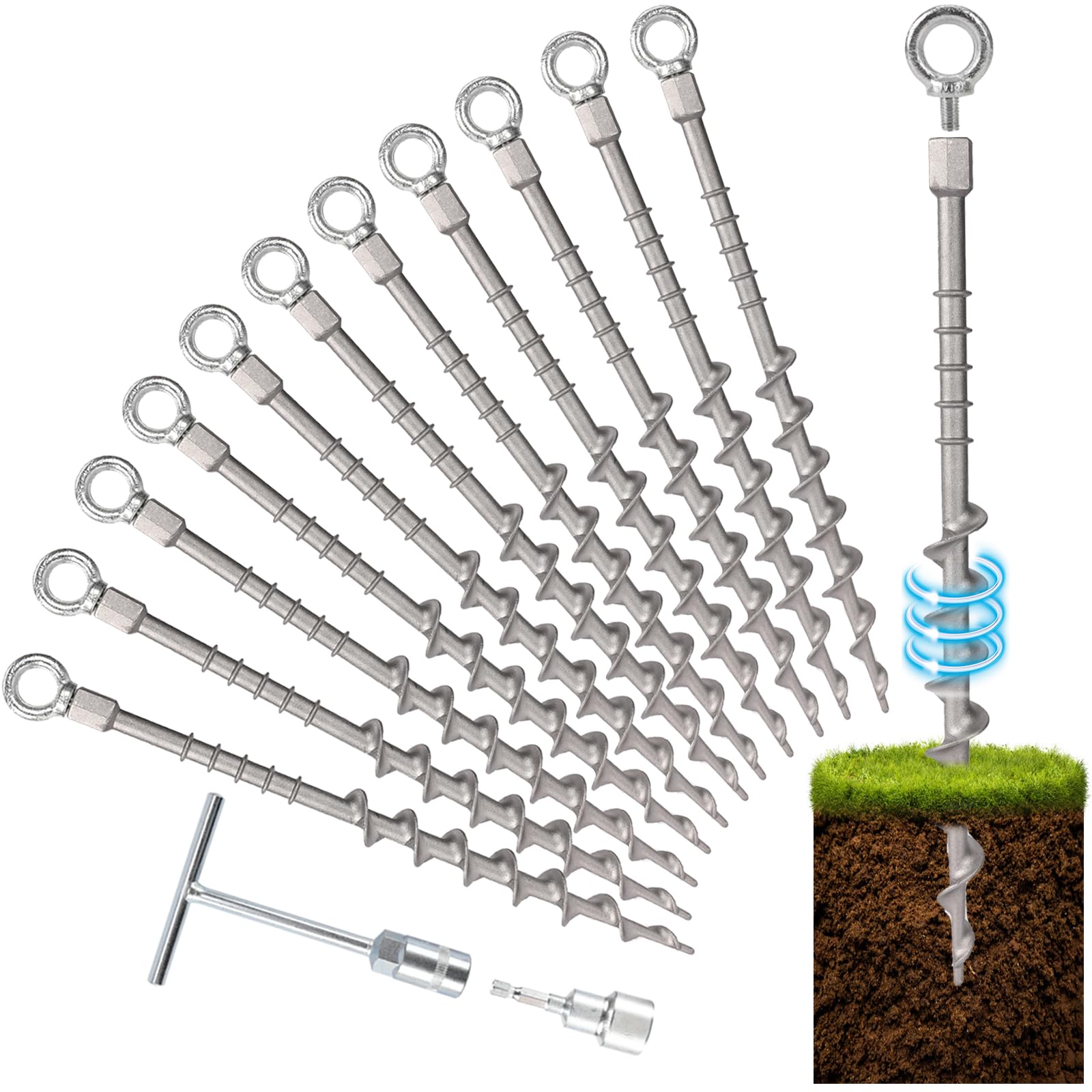 Keltrion 14" Ground Anchors Screw in Non-Rust Cast Aluminum Detachable Tent Stakes