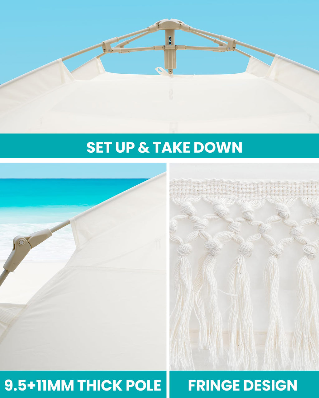 4-Person Pop-Up Beach Tent with Fringe – Portable UPF 50+ Sun Shelter Canopy