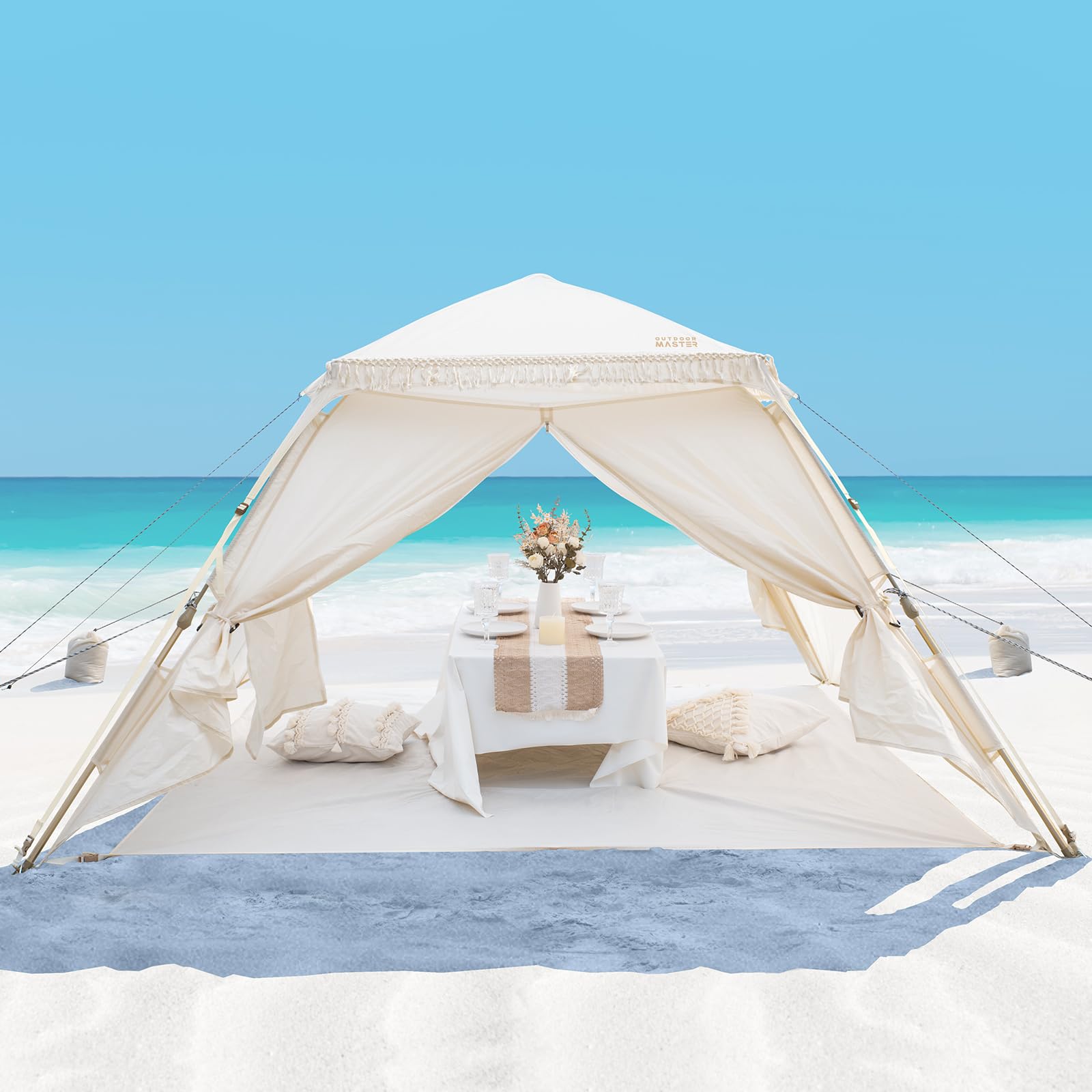 4-Person Pop-Up Beach Tent with Fringe – Portable UPF 50+ Sun Shelter Canopy