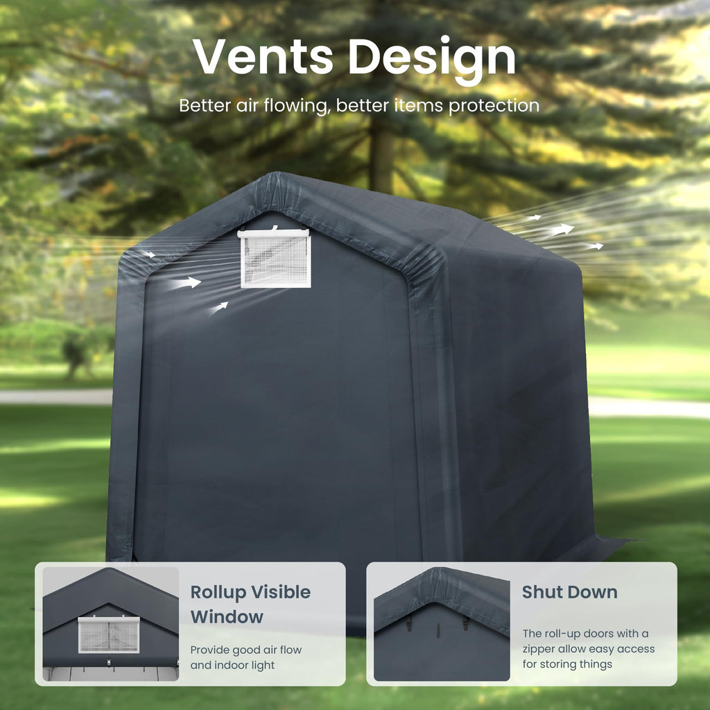 6 × 10 FT Portable Storage Shed – Waterproof Garage Shelter with Roll-Up Zipper Doors for Vehicles & Equipment