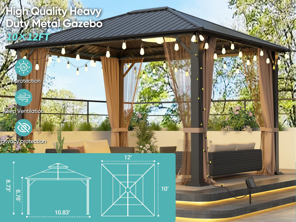 10 × 12 FT Hardtop Metal Gazebo – Heavy-Duty Pergola with Netting & Galvanized Steel Roof for Patio & Backyard