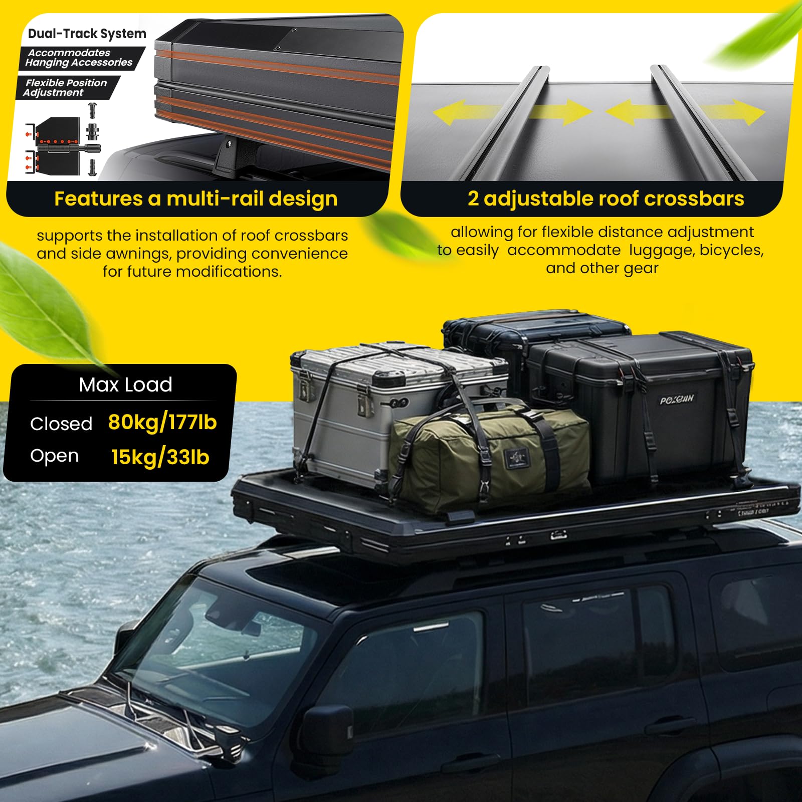 Hard Shell Rooftop Tent – Waterproof 2–3 Person Car Camping Tent for SUV, Truck & Sedan, Black