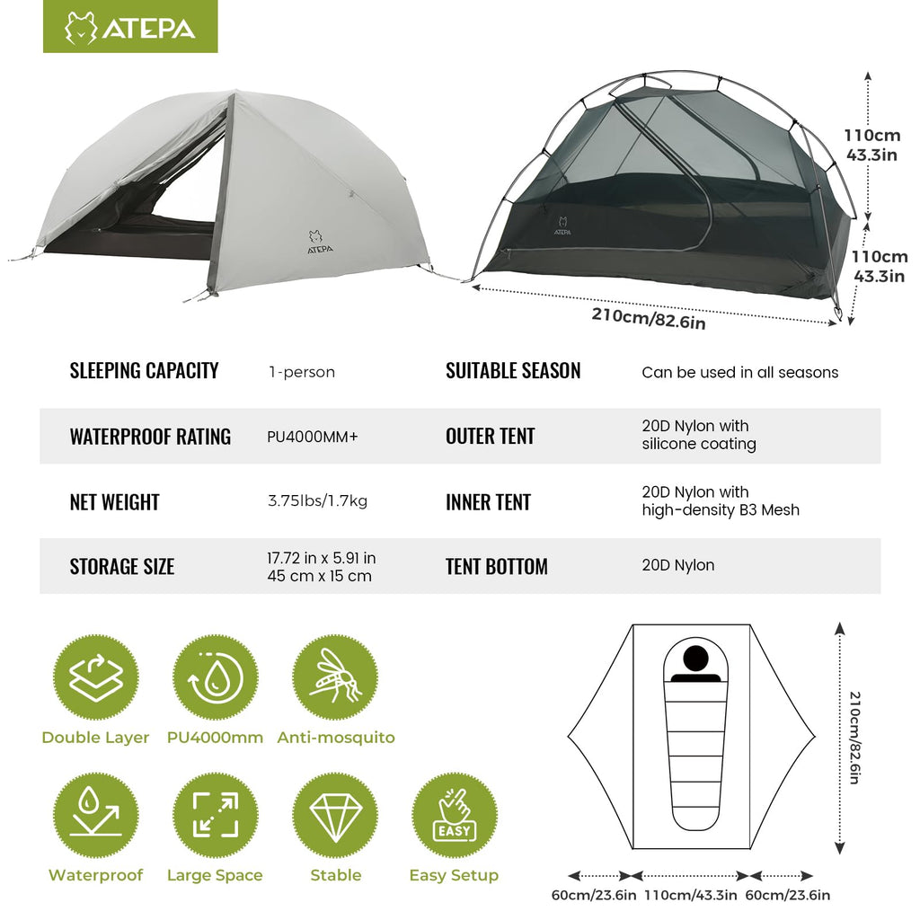 Ultralight 1–2 Person Backpacking Tent – 20D SilNylon 4-Season Waterproof Freestanding Shelter with Vestibule