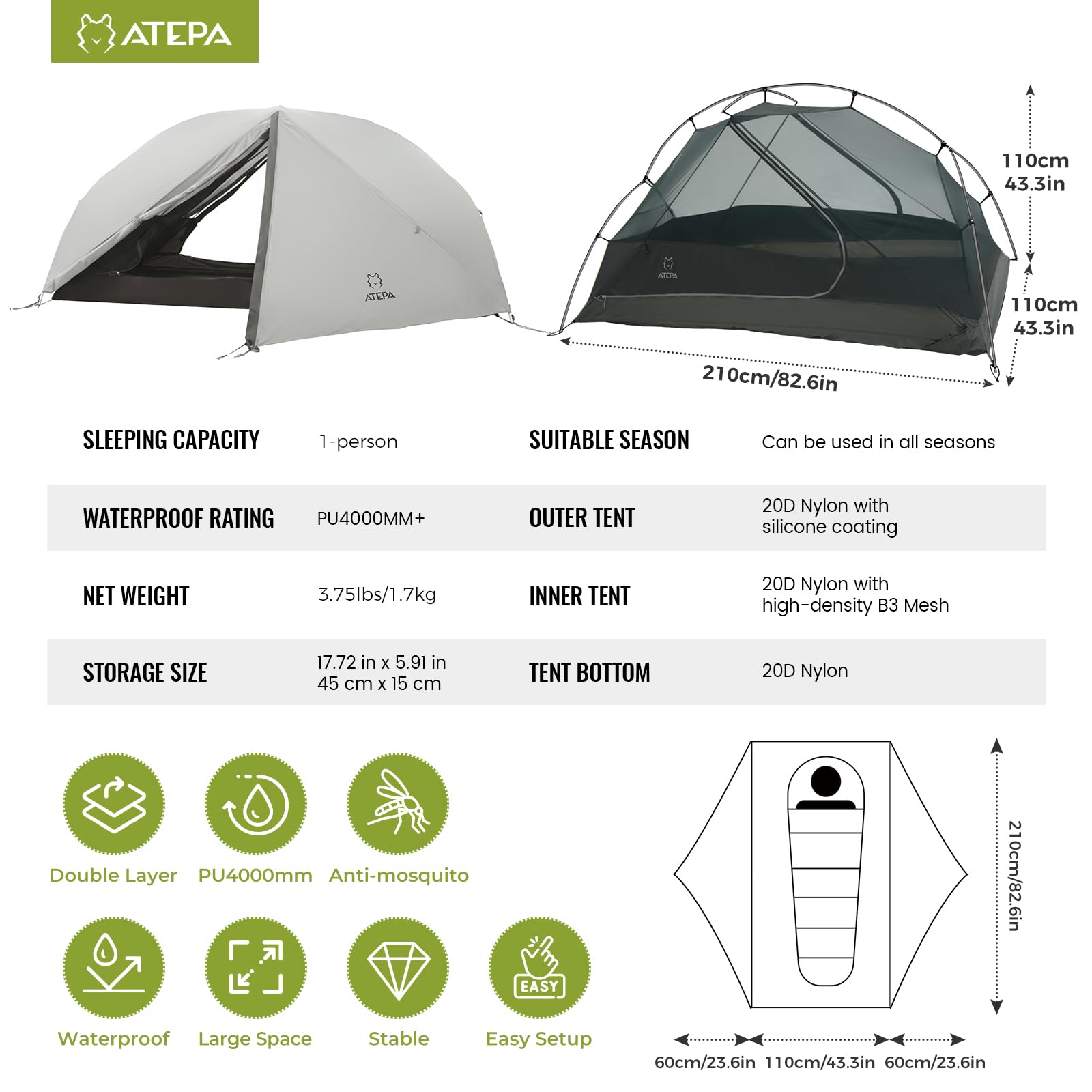 Ultralight 1–2 Person Backpacking Tent – 20D SilNylon 4-Season Waterproof Freestanding Shelter with Vestibule