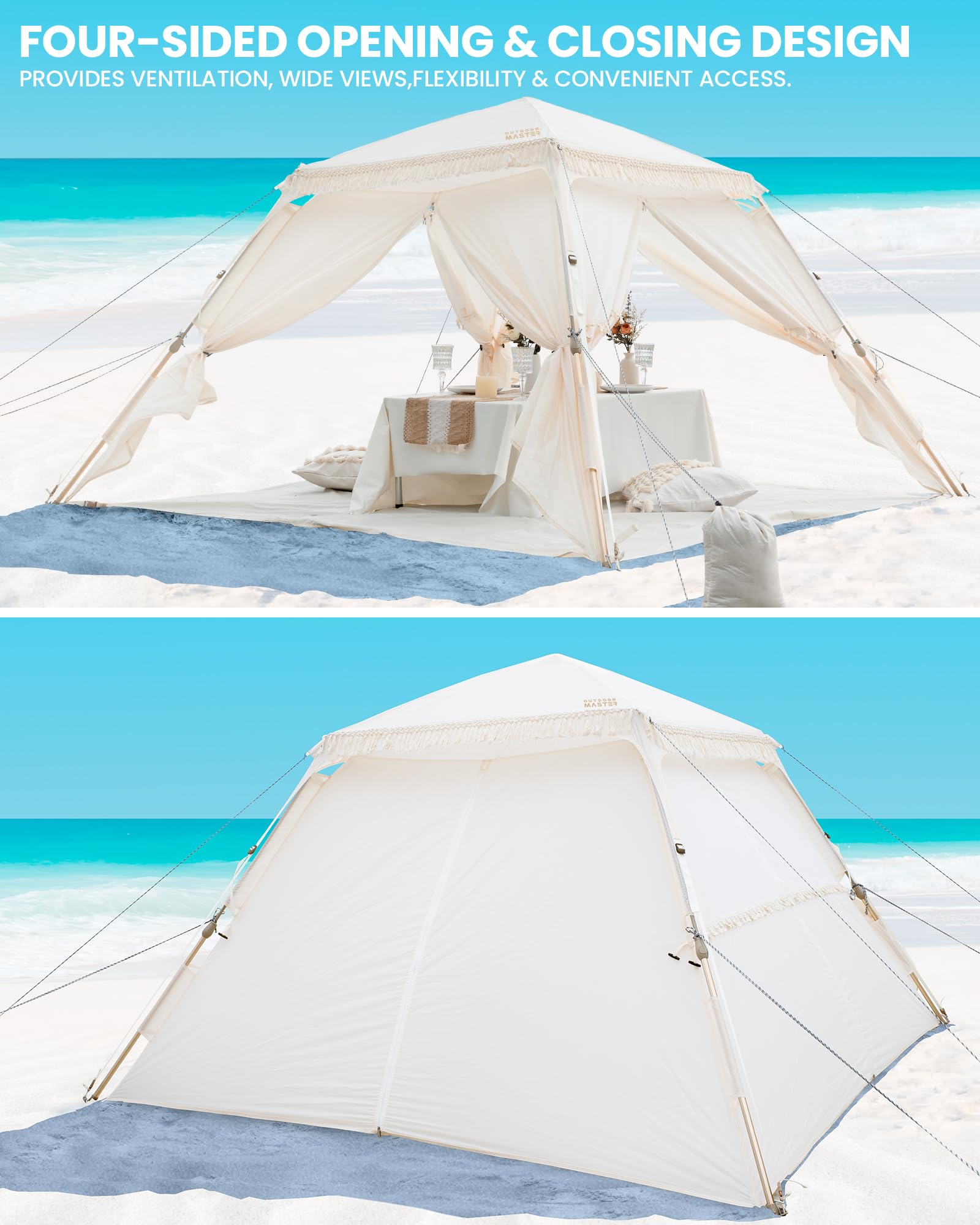 4-Person Pop-Up Beach Tent with Fringe – Portable UPF 50+ Sun Shelter Canopy