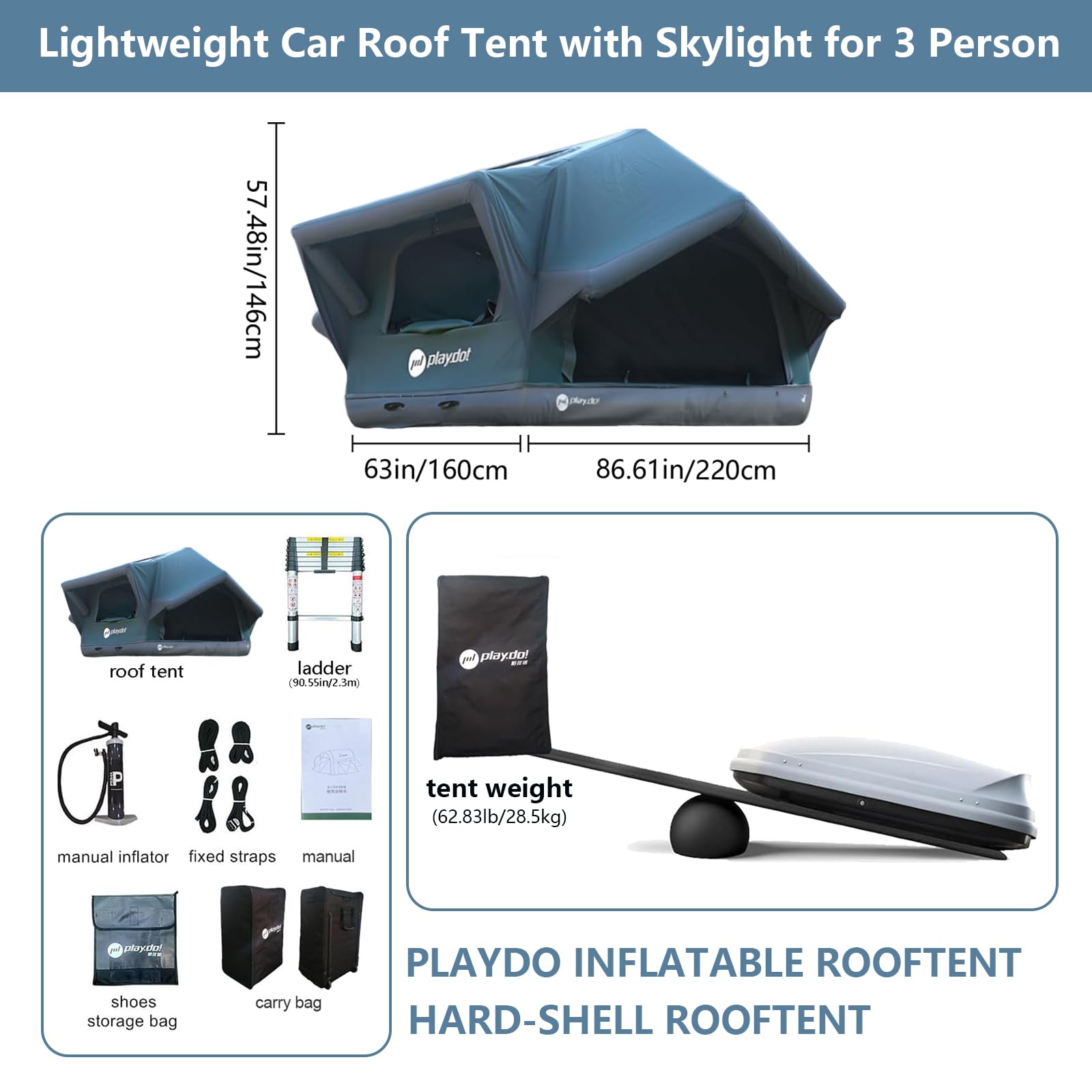 Inflatable Rooftop Tent – Waterproof Pop-Up Air Tent with Skylight for SUV & Truck Camping