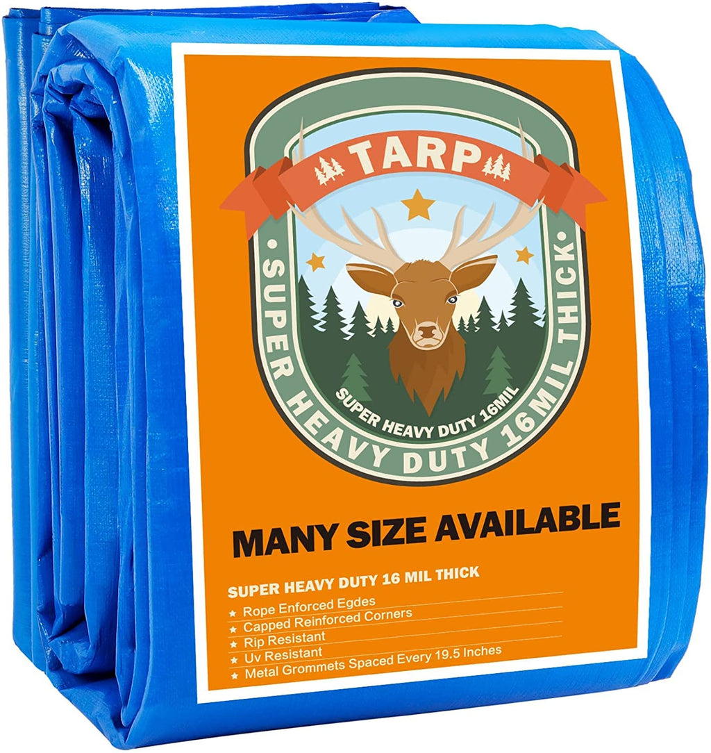 Heavy-Duty Waterproof Blue Tarp – 16 Mil Poly Tarpaulin with Reinforced Grommets for Outdoor Protection (40 × 60 FT)