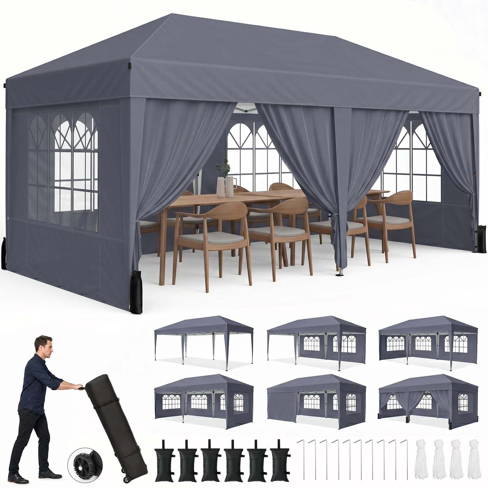 10 × 20 FT Pop-Up Canopy Tent – Event Shelter with 6 Sidewalls, Windows & Roller Bag for Outdoor Use
