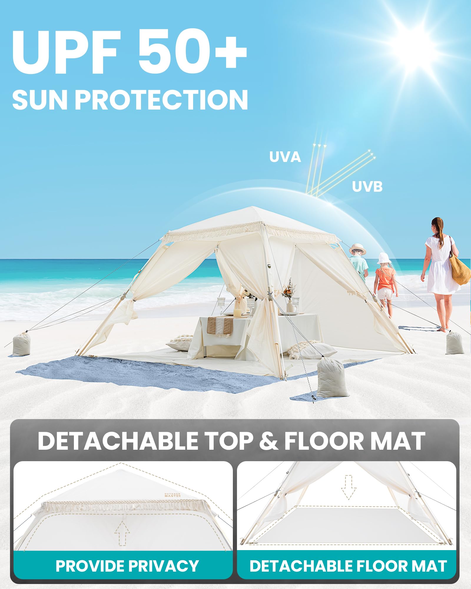 4-Person Pop-Up Beach Tent with Fringe – Portable UPF 50+ Sun Shelter Canopy