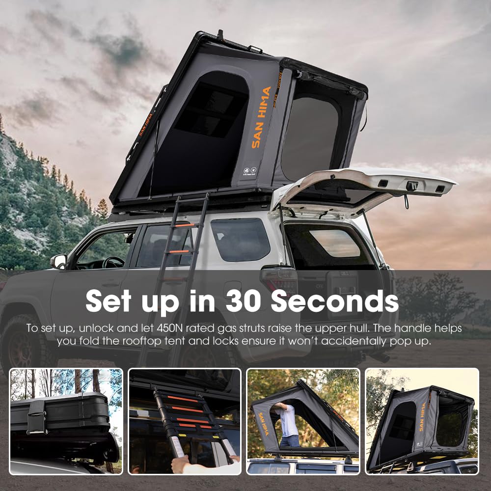 Hard Shell Aluminum Rooftop Tent – Slimline Overland Roof Tent with LED Light & Mattress for 2–3 People