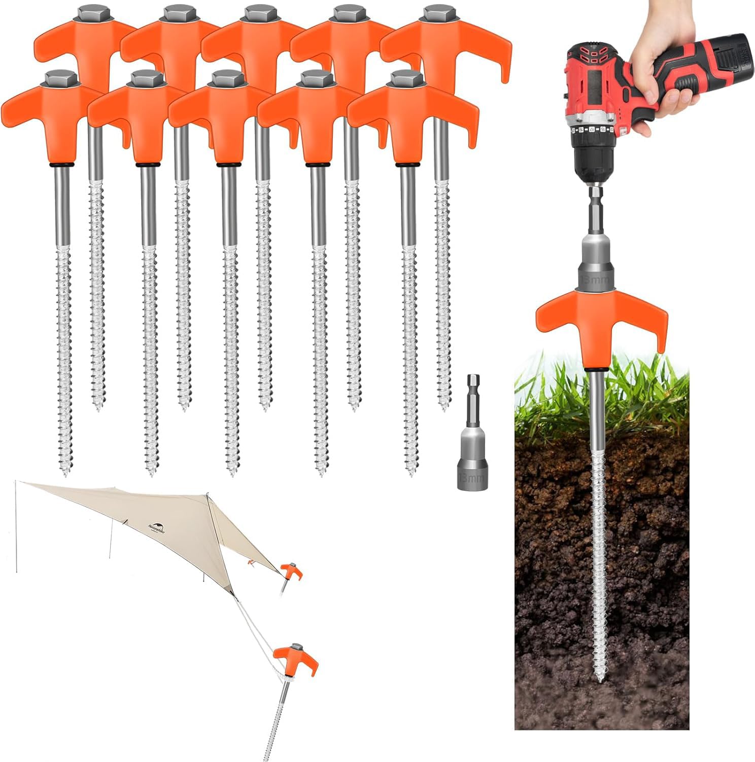 8-Inch Screw-In Tent Stakes – Heavy-Duty Ground Anchors for Canopies, Camping & Outdoor Use