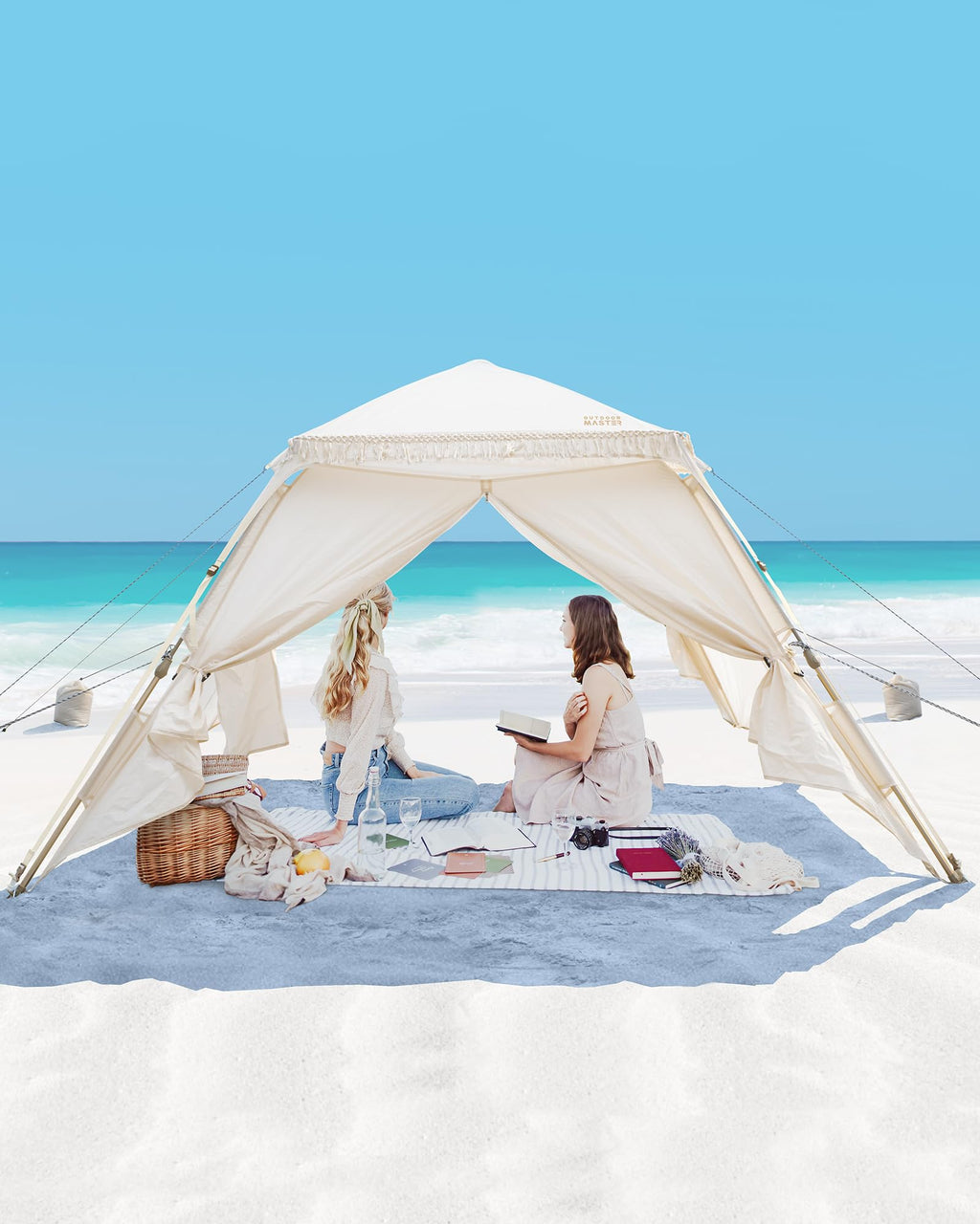 4-Person Pop-Up Beach Tent with Fringe – Portable UPF 50+ Sun Shelter Canopy