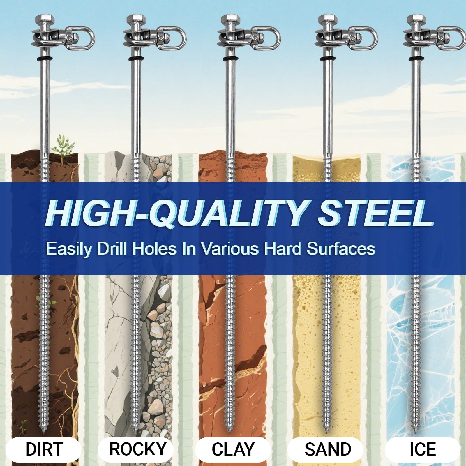 12-Inch Steel Screw-In Tent Stakes – Heavy-Duty Ground Anchor Kit with Driver & Storage Bag (8 Pack)