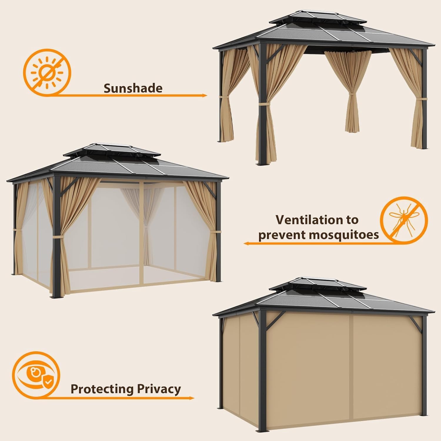 Aluminum Frame Double Roof Gazebo – Metal Pavilion with Netting & Curtains for Patio, Garden & Events