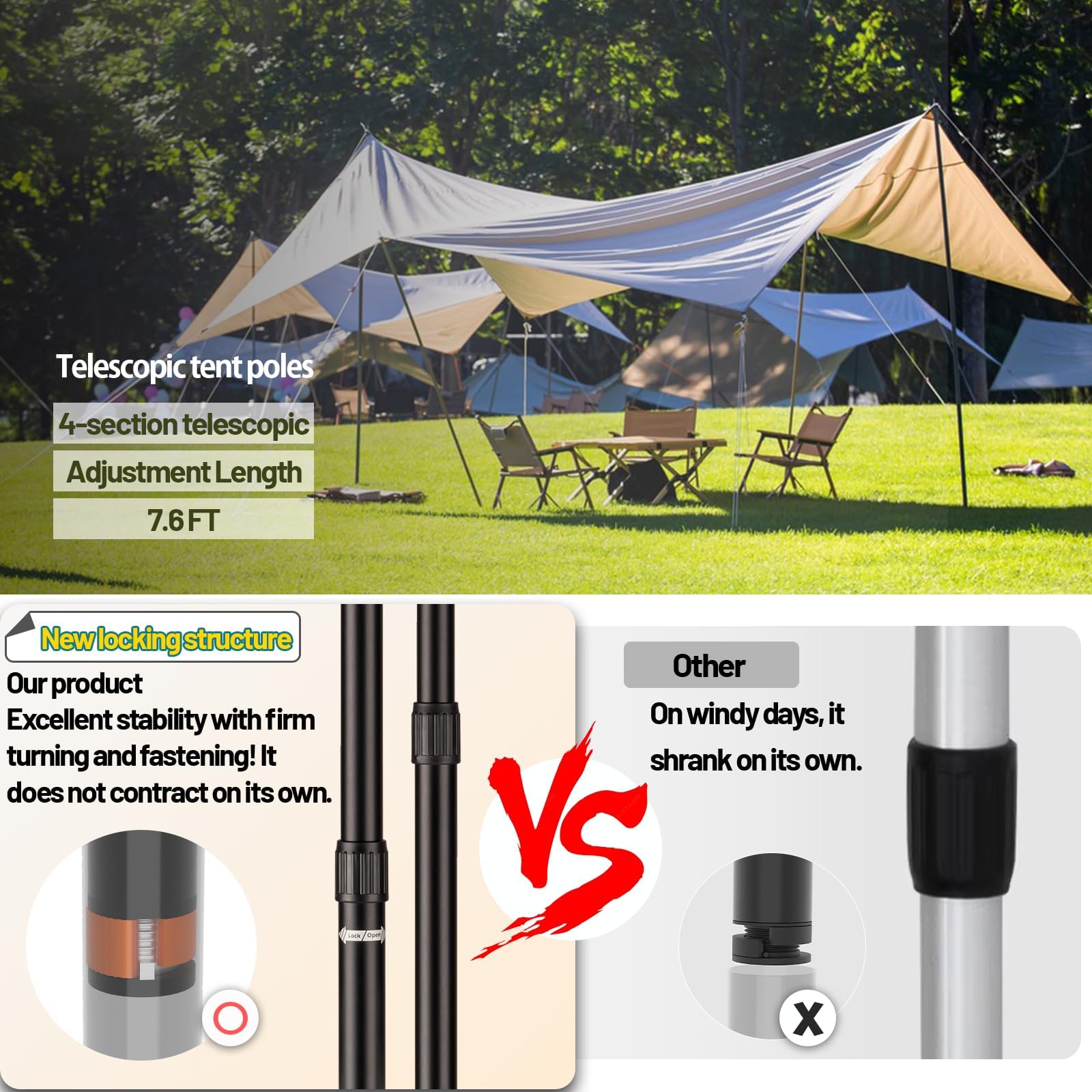 Adjustable Aluminum Tarp Poles – Heavy-Duty Awning Pole Set for Camping & Hiking (Set of 2)