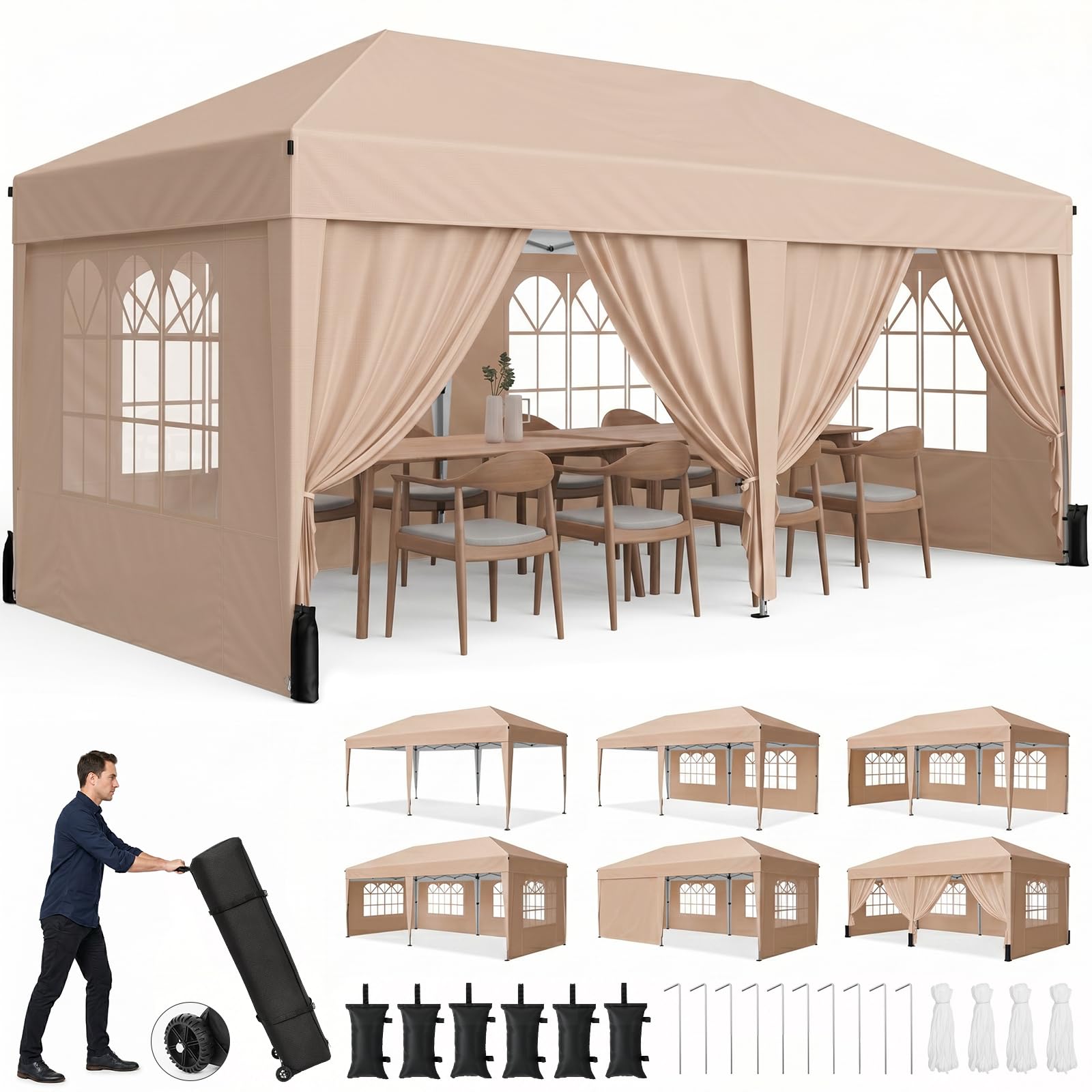 10 × 20 FT Pop-Up Canopy Tent – Event Shelter with 6 Sidewalls, Windows & Roller Bag for Outdoor Use