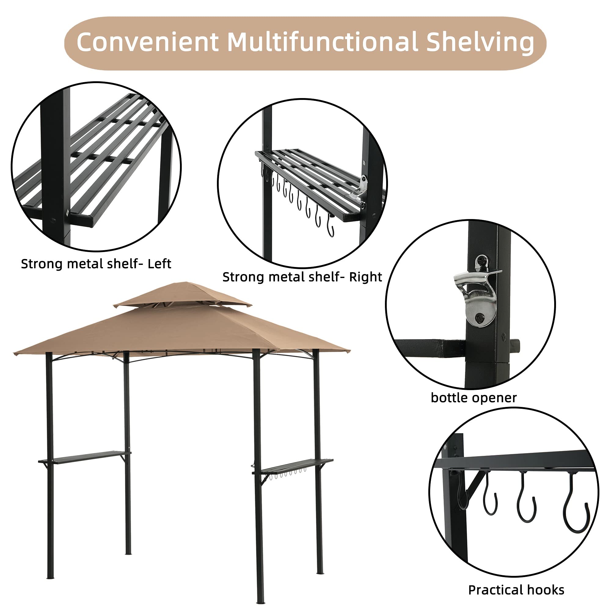 8 × 5 Ft Grill Gazebo Canopy – 2-Tier Outdoor Shelter with Steel Frame, Hooks & Bar Counters