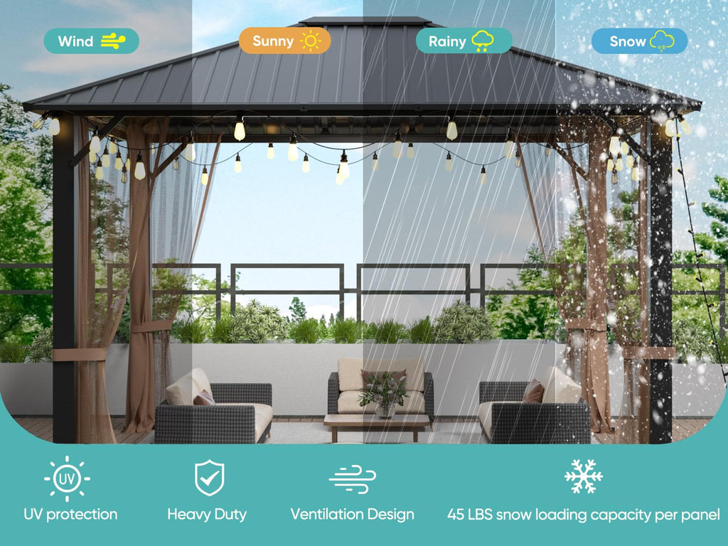 10 × 12 FT Hardtop Metal Gazebo – Heavy-Duty Pergola with Netting & Galvanized Steel Roof for Patio & Backyard