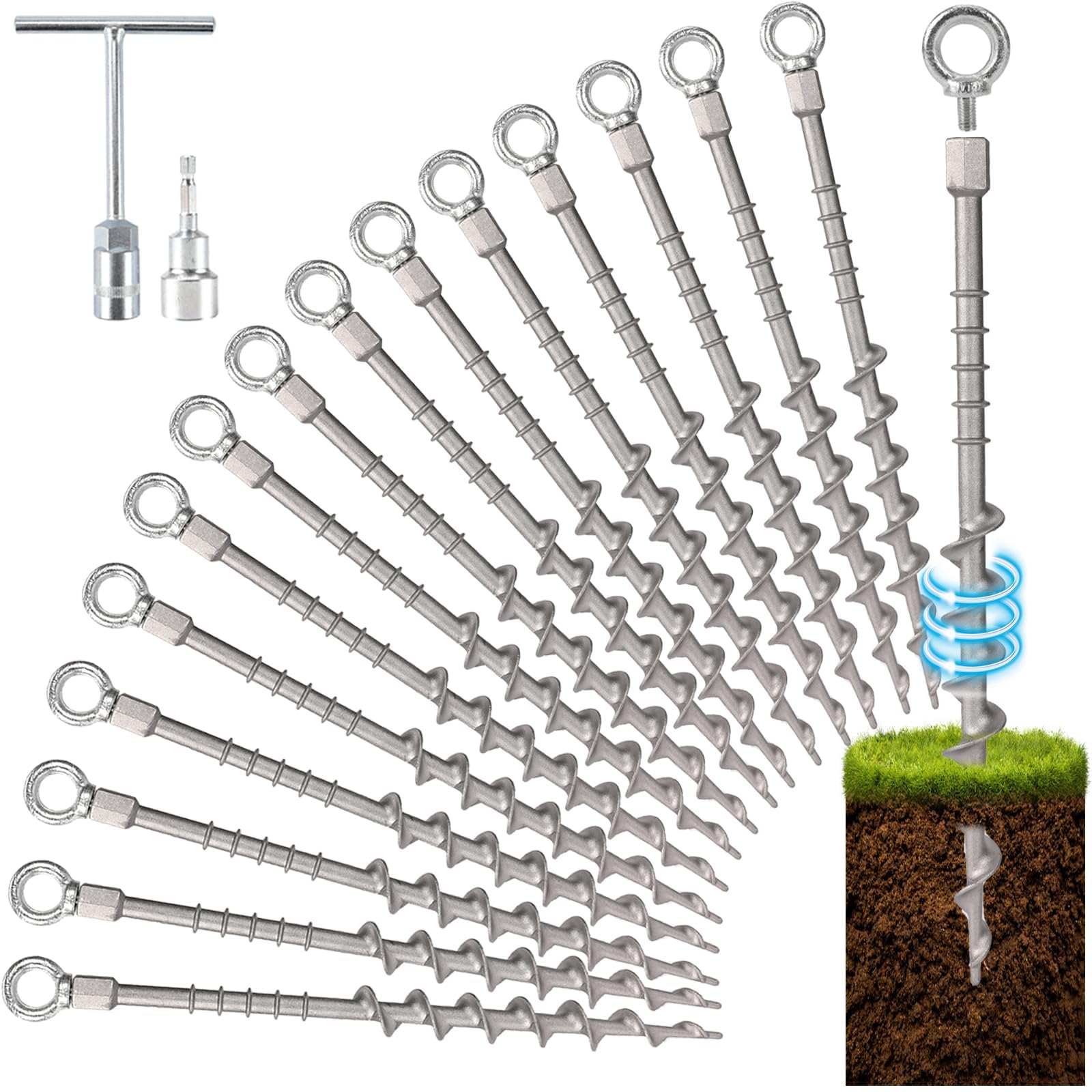 Keltrion 14" Ground Anchors Screw in Non-Rust Cast Aluminum Detachable Tent Stakes