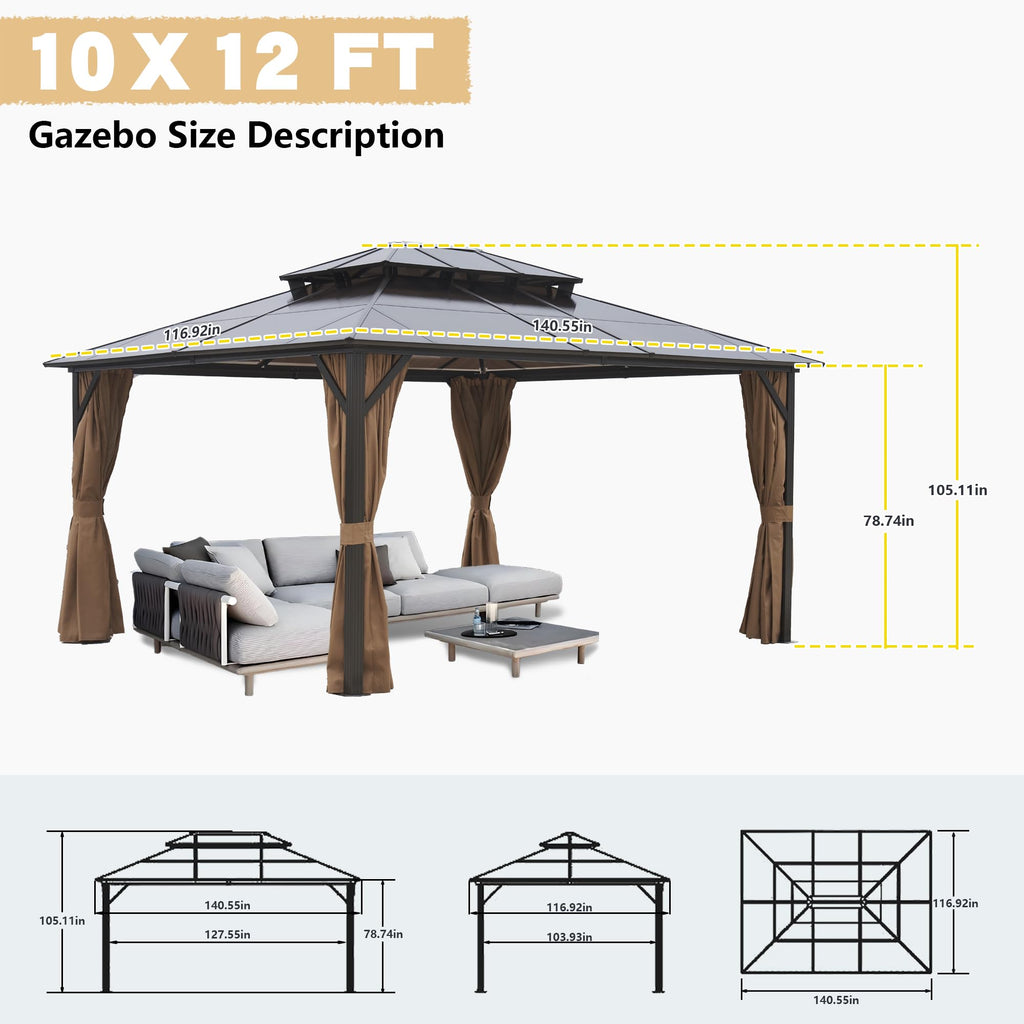10 × 12 FT Hardtop Gazebo – Double Roof Canopy with Netting & Curtains for Patio and Backyard