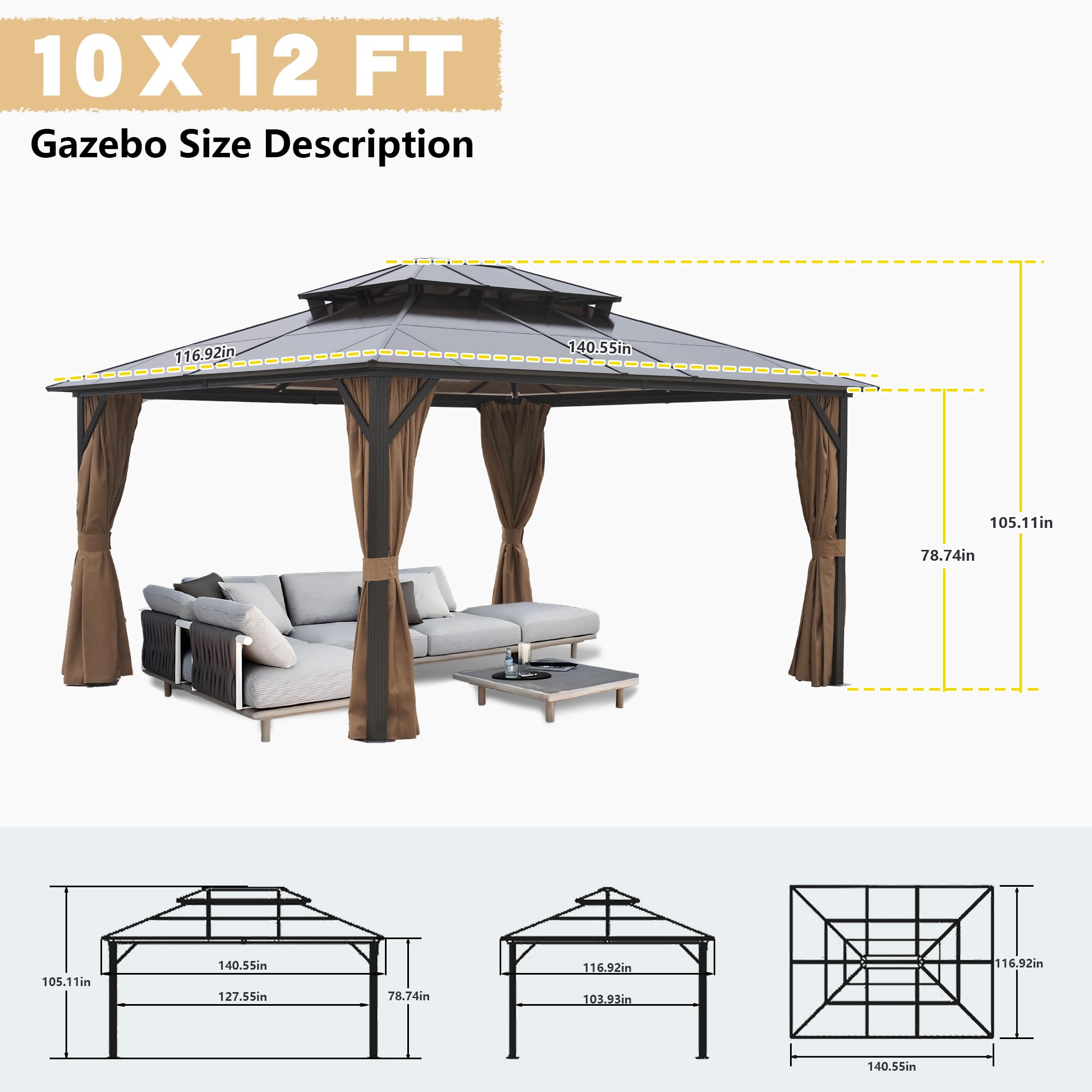 10 × 12 FT Hardtop Gazebo – Double Roof Canopy with Netting & Curtains for Patio and Backyard