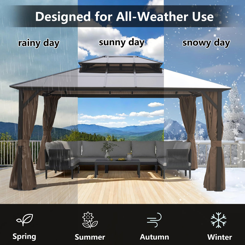 10 × 12 FT Hardtop Gazebo – Double Roof Canopy with Netting & Curtains for Patio and Backyard