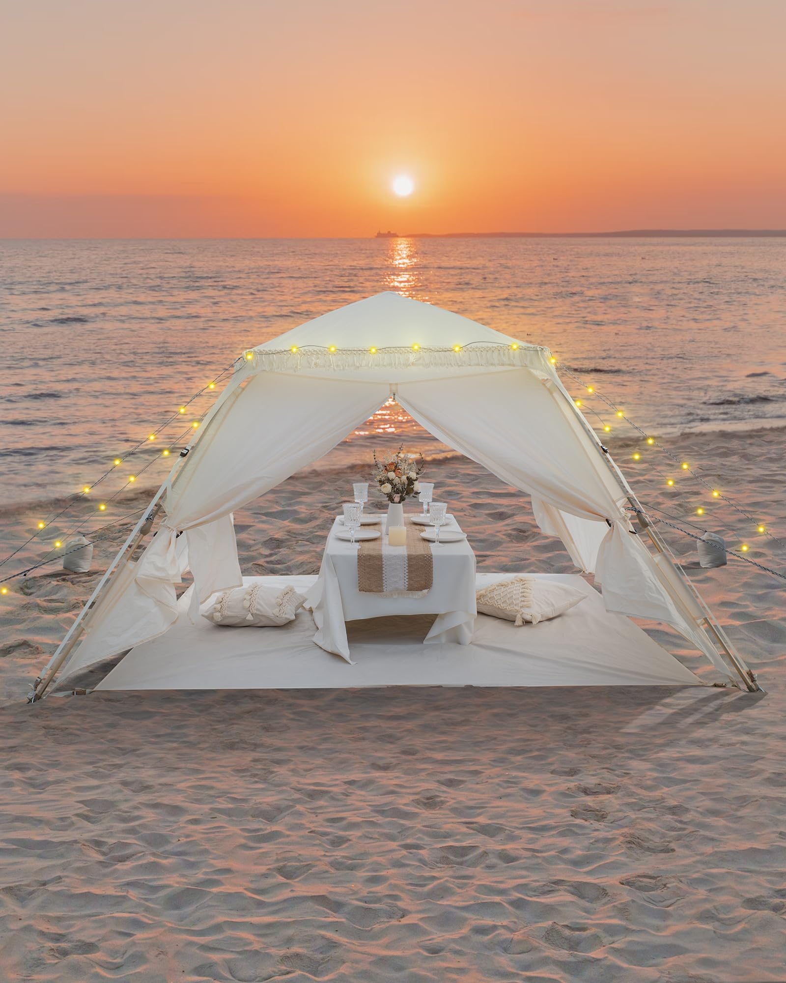 4-Person Pop-Up Beach Tent with Fringe – Portable UPF 50+ Sun Shelter Canopy