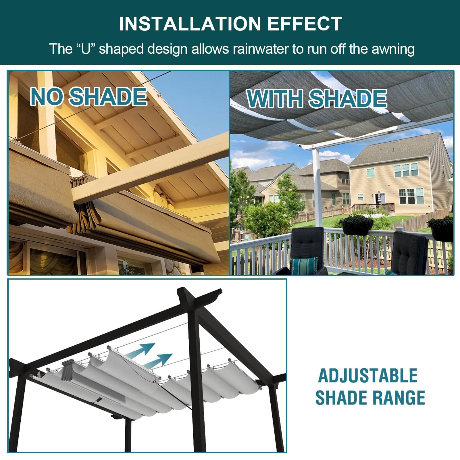 Retractable Sun Shade Canopy – Sliding Wave Shade Sail for Pergola, Patio & Gazebo Outdoor Use