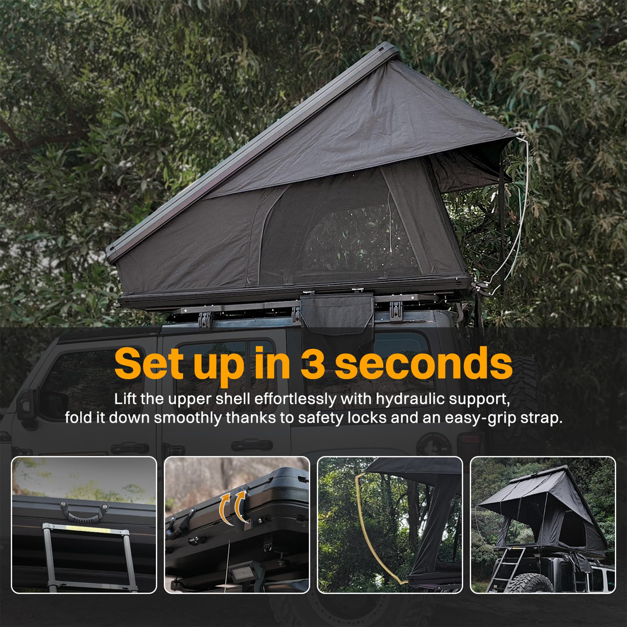 Aluminum Rooftop Tent – Roof Tent with LED Light & Memory Foam Mattress for 2–3 People