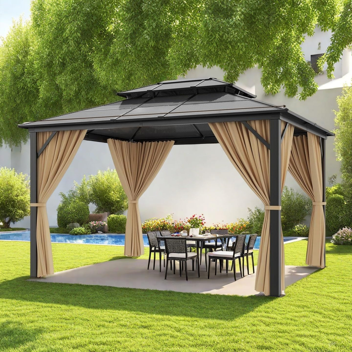 Aluminum Frame Double Roof Gazebo – Metal Pavilion with Netting & Curtains for Patio, Garden & Events