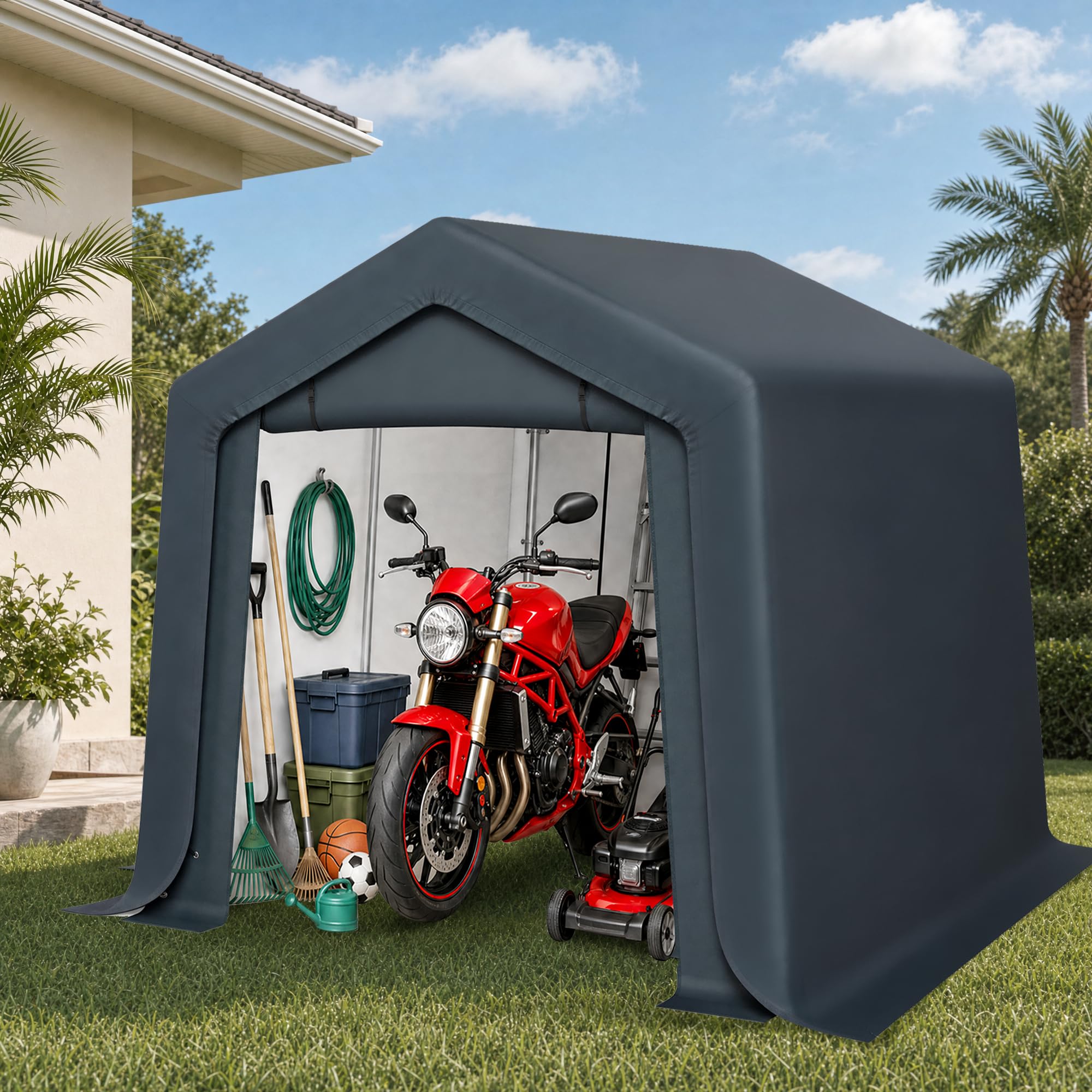 6 × 10 FT Portable Storage Shed – Waterproof Garage Shelter with Roll-Up Zipper Doors for Vehicles & Equipment