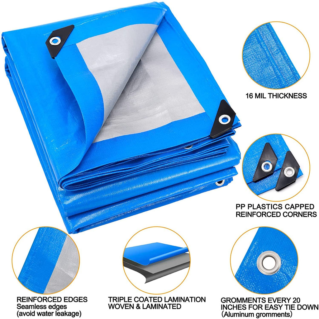Heavy-Duty Waterproof Blue Tarp – 16 Mil Poly Tarpaulin with Reinforced Grommets for Outdoor Protection (40 × 60 FT)