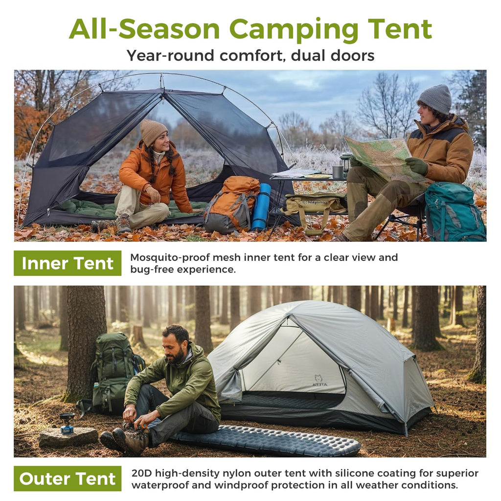 Ultralight 1–2 Person Backpacking Tent – 20D SilNylon 4-Season Waterproof Freestanding Shelter with Vestibule