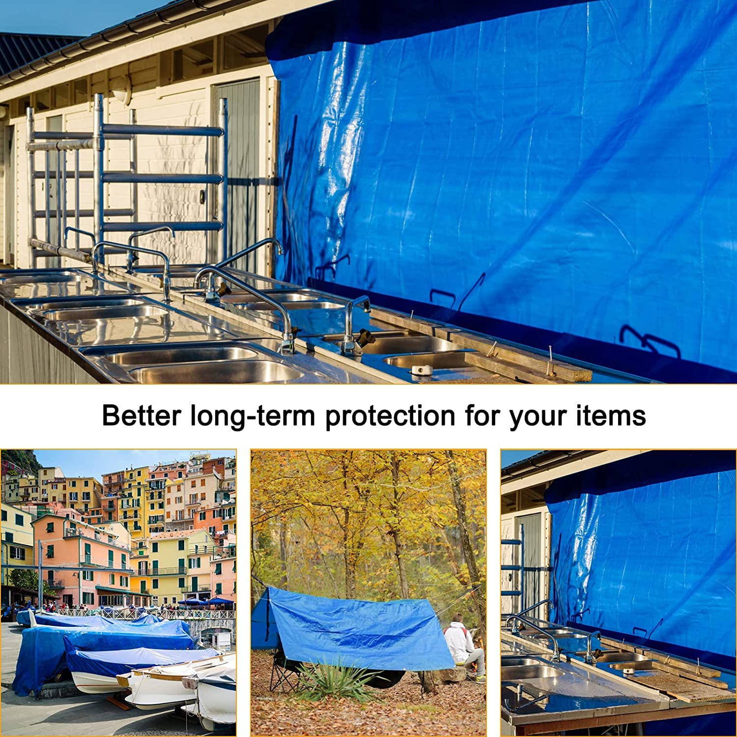 Heavy-Duty Waterproof Blue Tarp – 16 Mil Poly Tarpaulin with Reinforced Grommets for Outdoor Protection (40 × 60 FT)