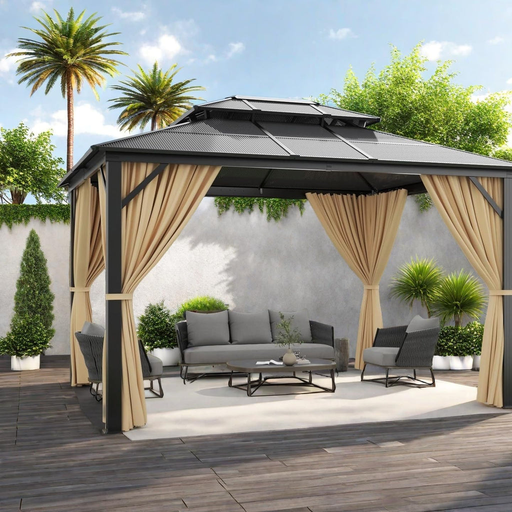 Aluminum Frame Double Roof Gazebo – Metal Pavilion with Netting & Curtains for Patio, Garden & Events