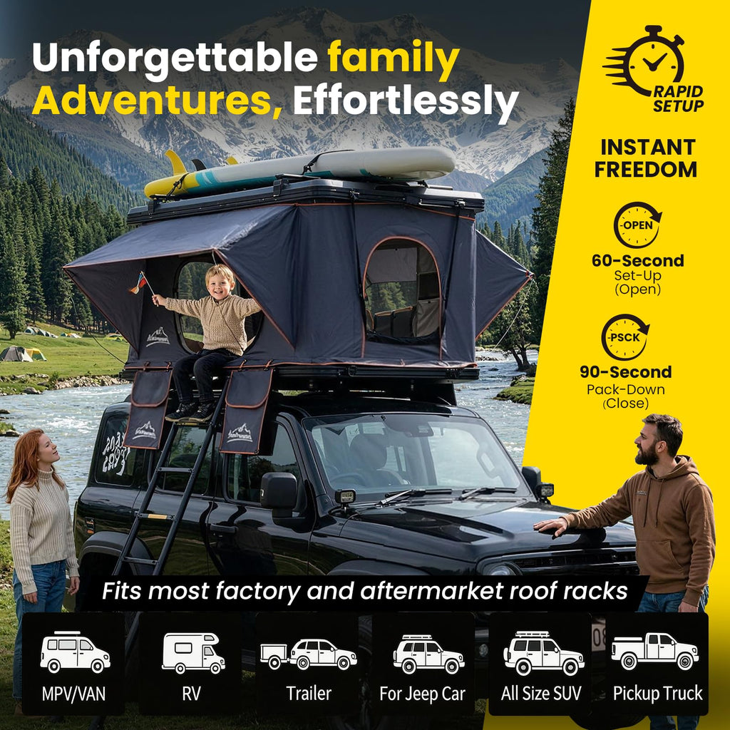 Hard Shell Rooftop Tent – Waterproof 2–3 Person Car Camping Tent for SUV, Truck & Sedan, Black