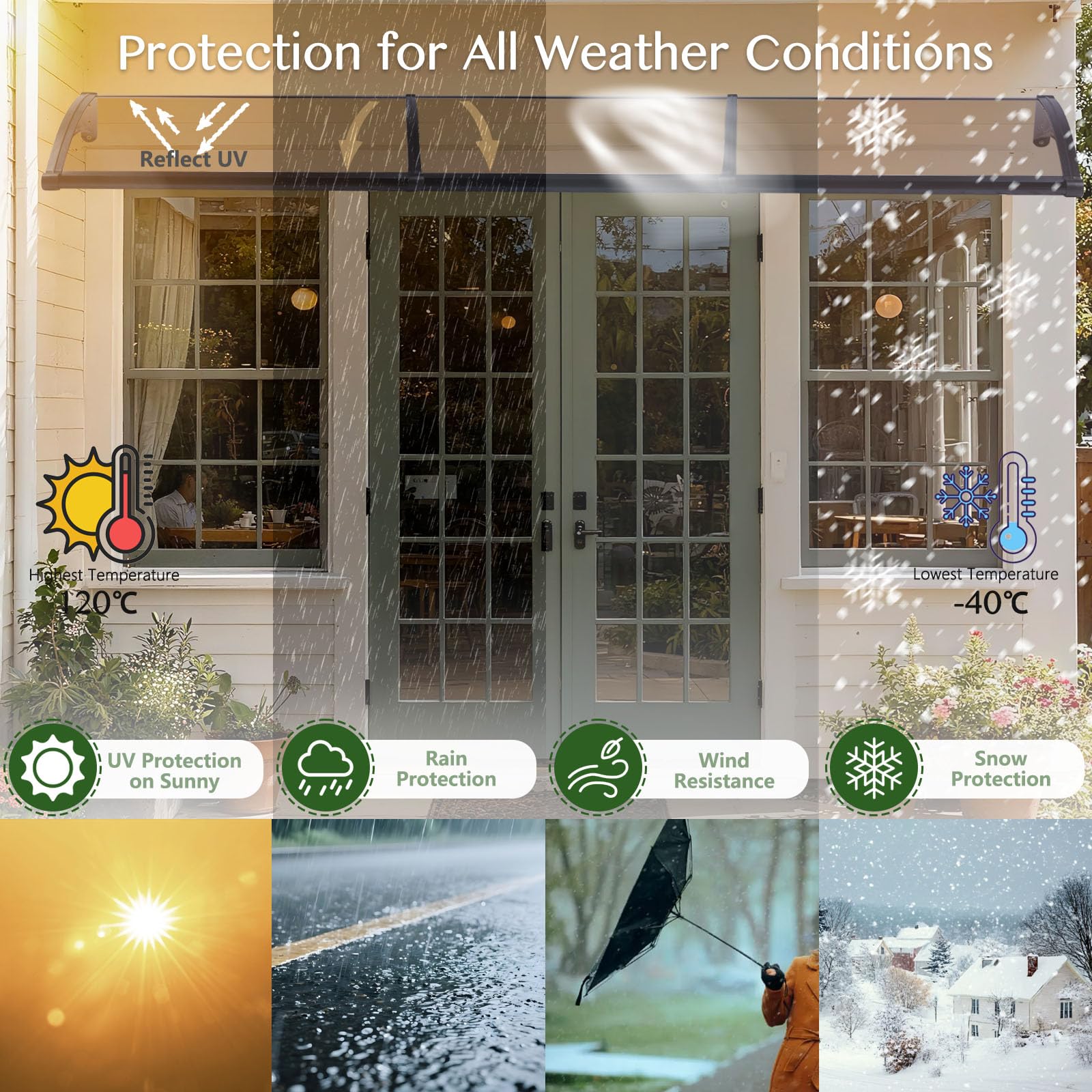 Rainproof Door Canopy – UV-Resistant Polycarbonate Awning with Drainage Design (32 × 114 in)